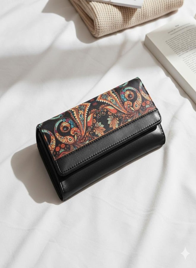 DOSYSO Wallet for Women Girls Stylish Latest Printed Faux Leather with Phone Space Coin Compartment Mobile Storage 4 Card Slots Holder Cash Zip Pockets Hand Clutch for Daily Use Ladies Long Purse (Black) - Image 2